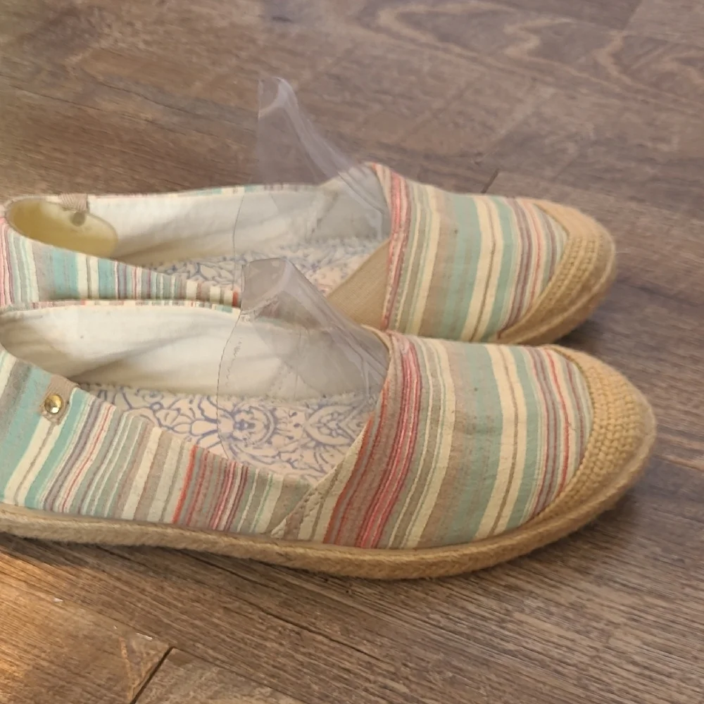 ROXY Size 8.5 Teal Cream Striped Espadrille Flat Slip On Shoes
